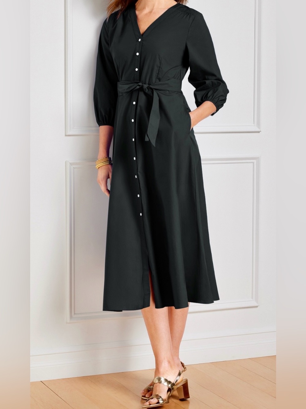 Talbots Black Cotton Poplin Button-Front Shirtdress - Size 10 - New Without Tags